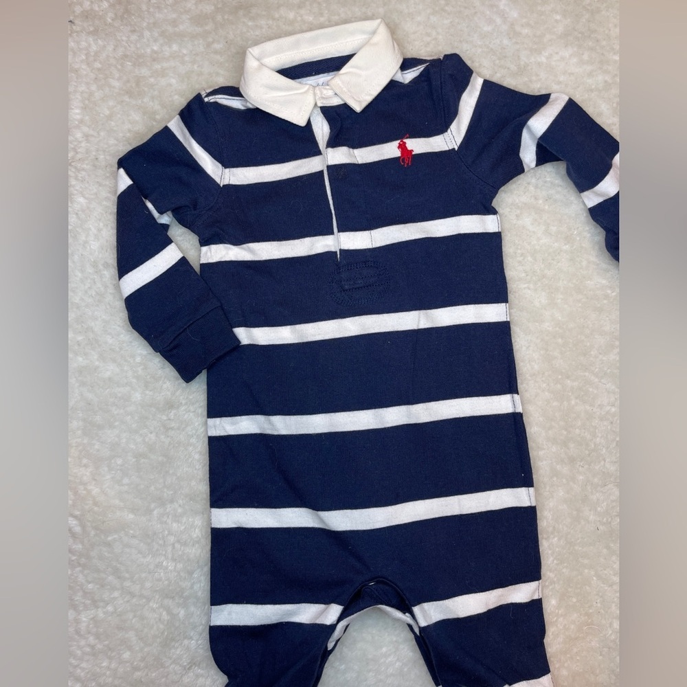Ralph Lauren Navy and White Striped Baby Boy Onesie